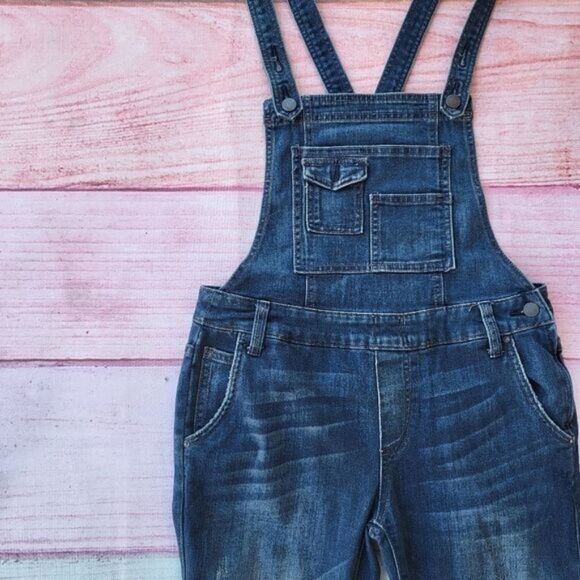 Free People Blue Washed Skinny Cotton Blend Denim Overall Size 26 Boho Casual - Picture 2 of 6